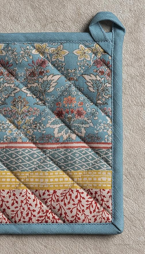 Maison d' Hermine 100% Cotton Oven Mitt & Pot Holder Set (7.5"x13" & 8"x8") Heat Resistant BBQ Cooking Gloves with Loop, Baking, Grilling, Kitchen, Handling Hot Pans Spring/Summer (Marquise)