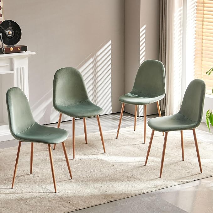 Howtek Mid-Century Modern Dining Chairs Set of 4, Green Velvet Upholstered Kitchen Side Chairs with Backrest & Metal Legs for Dining Room, Living Room, Restaurant