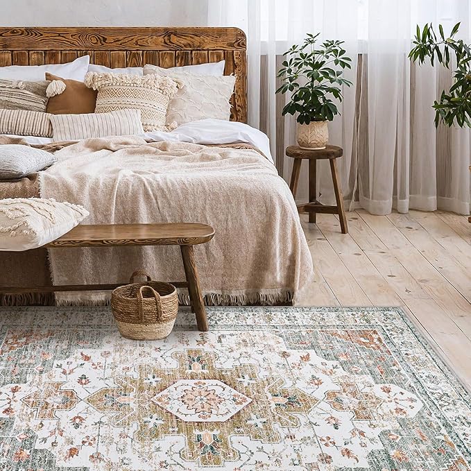 Moynesa Ultra-Thin Washable Area Rug - 5x7 Rugs for Living Room Washable Rugs for Bedroom Soft Office Mat, Printed Low Pile Accent Dining Room Carpet for Basement Nursery Playroom, Beige/Gold