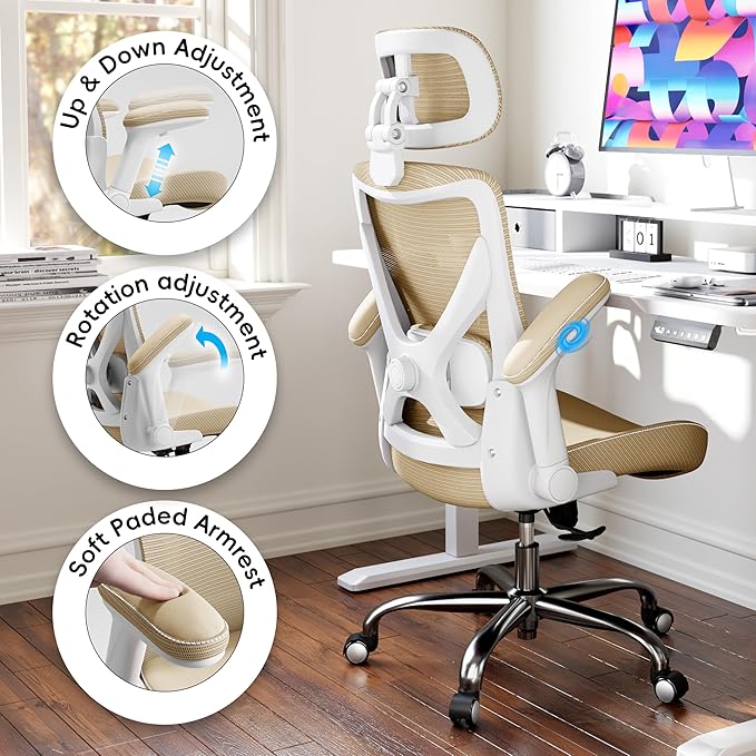 Office Home Ergonomic Desk Chair-Computer X-Shaped Chair Mesh PU Leather with Adjustable Lumbar Support-Executive Chair High Back with Headrest Flip-Up Arms for Long Hours (Khaki)