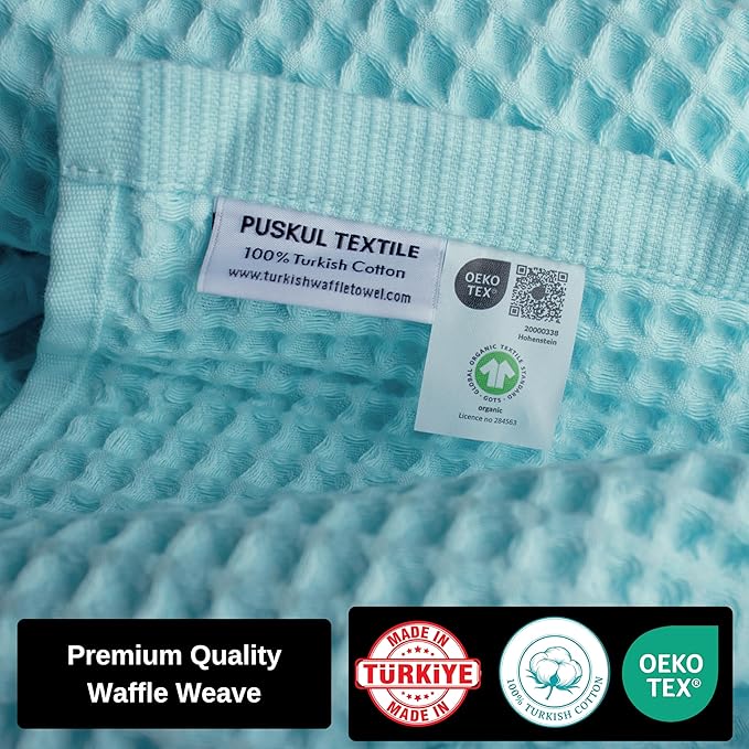 Püskül - Luxury Waffle Towel Set for Bathroom 4 Pieces Turquoise Blue, Premium Quality Organic 100% Turkish Cotton 2 Hand and 2 Bath Towels, Quick Dry Thin Waffle Towels, Made in Turkiye (Turquoise)
