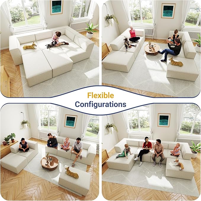 136" 6-Piece Sectional Sofa Modular Couches,L-U-Shaped with Chaise,for Living Room,Compressed Foam No Assembly,for Living Room (2xArmless Corner Ottoman) Fabric Chenille Beige