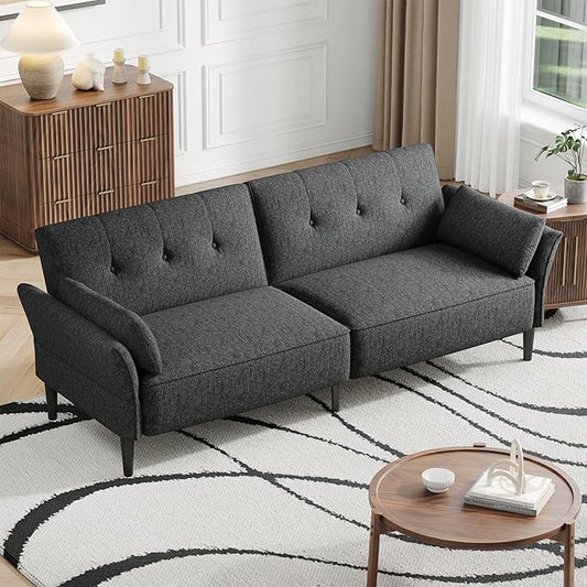 89” Futon Sofa Bed,Comfy Futon Couch Bed with 2 Square Pillows,Convertible Sleeper Sofa with Adjustable Backrest& Armrests, Modern Loveseat Sleeper for Living Room, Bedroom, Linen Dark Gray