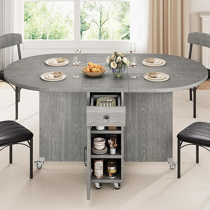 Folding Dining Table for 4 Kitchen Dining Room DinnerTable with Storage Drawer Space Saving Oval Foldable Drop Leaf Gateleg Furniture for Small Space (Grey, 51 * 31.5 * 30)