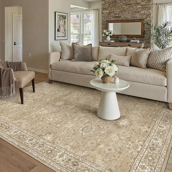 5x7 Brown Area Rug Non Slip Vintage Living Room Distressed Machine Washable Carpet Retro Indoor Bedroom Floral Traditional Accent Throw Rug for Office Kitchen Dorm Dining Room