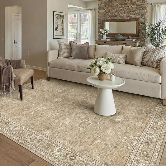 5x7 Brown Area Rug Non Slip Vintage Living Room Distressed Machine Washable Carpet Retro Indoor Bedroom Floral Traditional Accent Throw Rug for Office Kitchen Dorm Dining Room