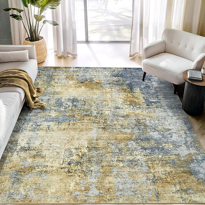 Area Rug Living Room Rugs - 5x7 Modern Abstract Soft Indoor Neutral Washable Rug Stain Resistant Non-Slip Low Pile Carpet for Bedroom Dining Room Home Office - Blue/Grey/Yellow