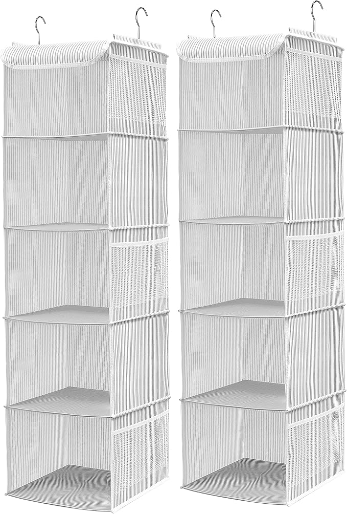 5 Shelves Hanging Closet Organizer, 2 Pack Hanging Storage with 6 Side Pockets for Clothes Shoes, 43"x12"x12"(Strip)