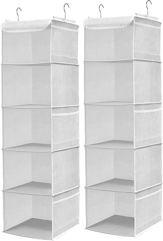 5 Shelves Hanging Closet Organizer, 2 Pack Hanging Storage with 6 Side Pockets for Clothes Shoes, 43"x12"x12"(Strip)