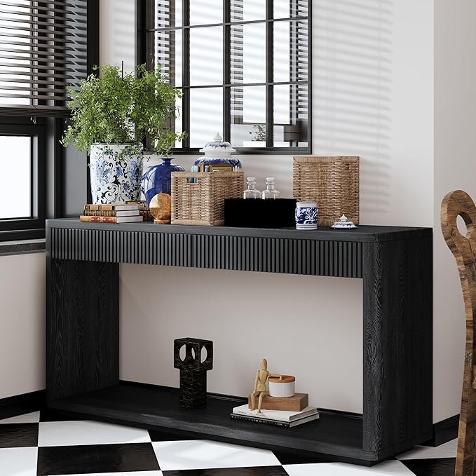 59.8”Rectangular Rustic Fluted Console Table with 2 Drawers,Solid Wood Entry Table Hallway Table, Modern Farmhouse Narrow Sofa Table for Foyer Living Room,Bedroom,Apartments-Black