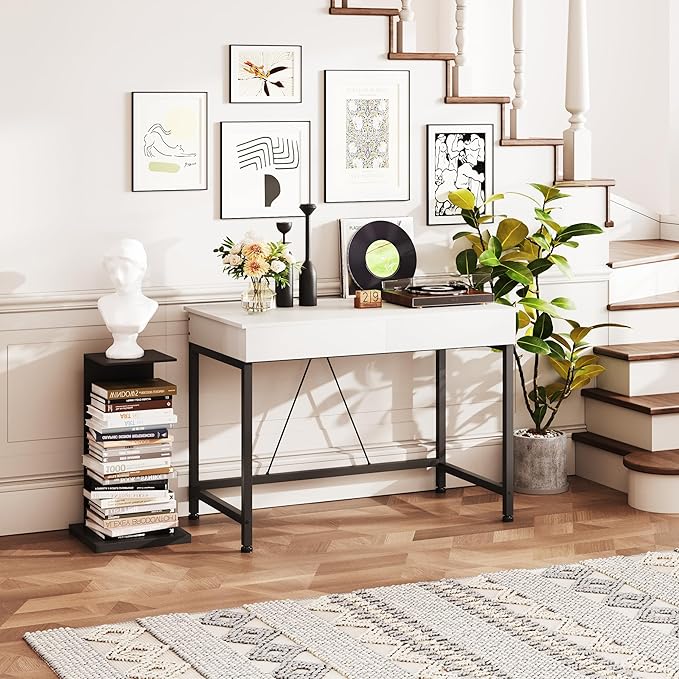 Mexin Small White Desk with 2 Wooden Drawers, 40 Inch Home Office Writing Desk, White Vanity Desk with Storage, Computer Desk for Bedroom Small Spaces, Table for Office, Work, Kids Study, Makeup