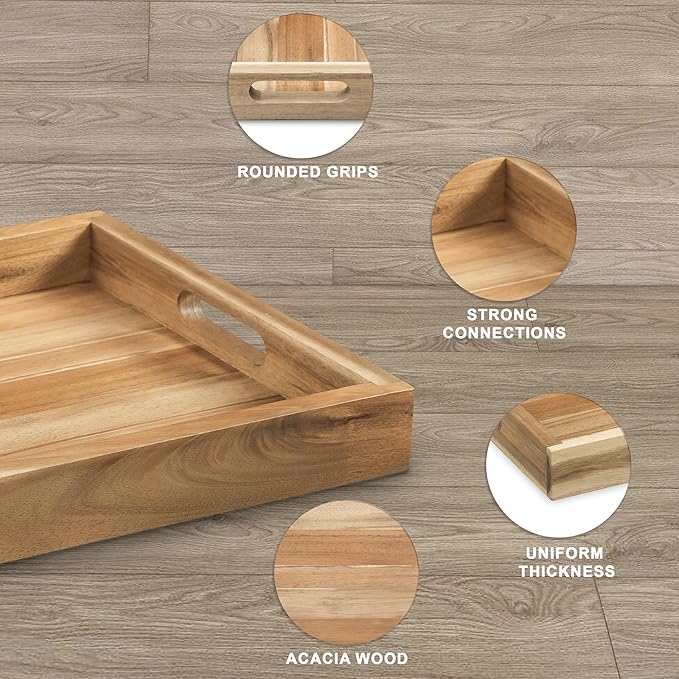 Natural Acacia Wooden Rectangular Serving Tray with Handles, Set of 2 (15"x11"), Large Tray for Ottoman, Breakfast in Bed, Dinner, Coffee Table Decor & Kitchen