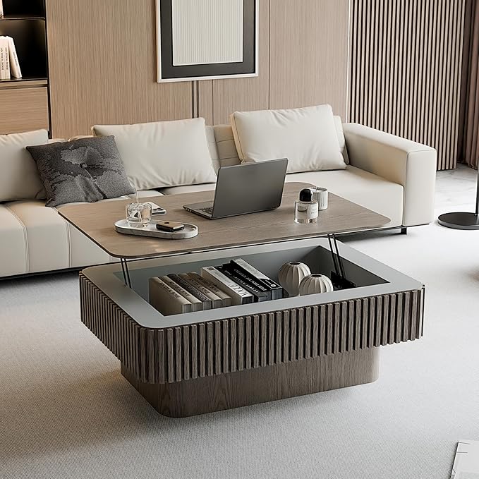 38.6" Lift Top Coffee Table with Storage, Fluted Coffee Table with Solid Wood Veneered, Mid Century Modern Wooden Center Table, Accent Tea Table for Living Room Apartment, Grey