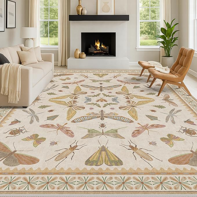 8x10 Fun Rugs For Bedroom - Maximalist Rug for Living Room, Playroom, Dining Room Under Kitchen Table, Washable Soft Stain Resistant Low Pile, Butterfly Insect Floral Cottage Decor, Beige & Yellow