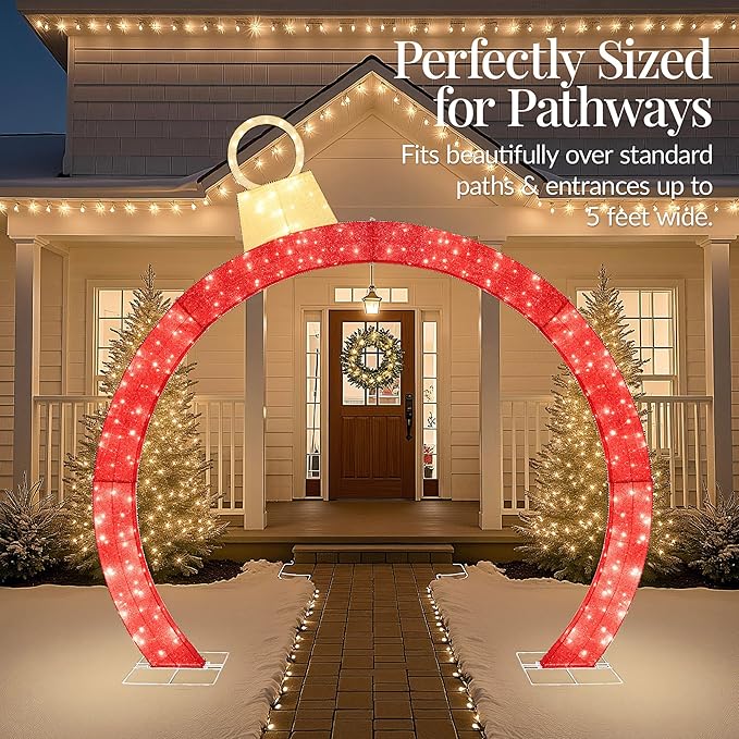Best Choice Products Large Outdoor Christmas Lighted Archway Decoration, 9.5ft XL with Gold Ornament Cap, 330 LED Lights, Holiday Yard Décor - Red