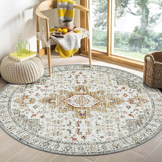 Moynesa Ultra-Thin Washable Round Rug - 6ft Large Living Room Circle Area Rugs, Vintage Dining Room Mat Stain Resistant Nursery Carpet for Bedroom Mudroom Kitchen Apartment Home Office