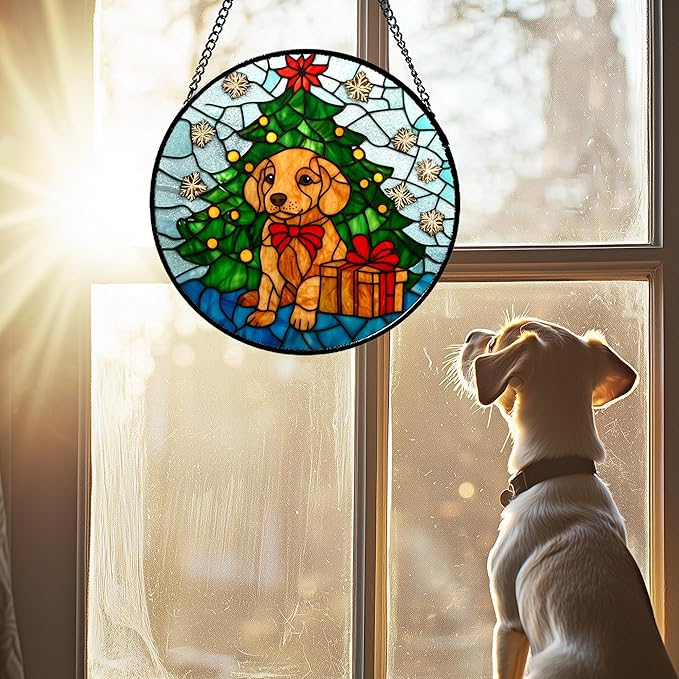 Stained Glass Window Hanging Green Christmas Tree Snowflake Dog 7.8" - Suncatcher Door Garden Sun Catcher Xmas Holiday Decor Birthday for Mom Men Woman Friend Nana