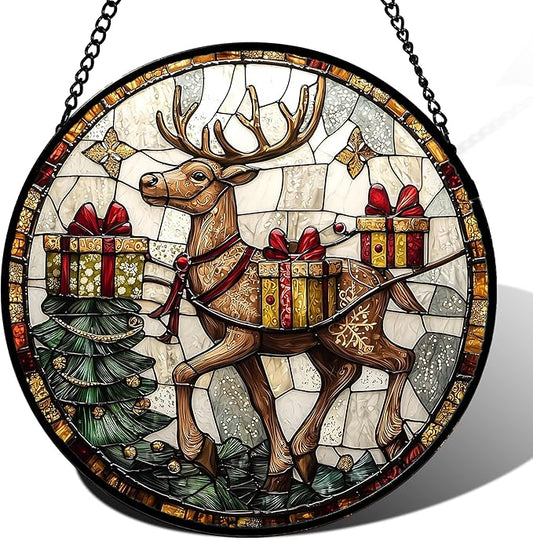 Stained Glass Window Hanging, Christmas Tree Elk Sun Catchers Colorful Glass Panel Retro Suncatcher Decor for Birthday for Women, Men, Wife, Aunt, and Mom 15x15 in