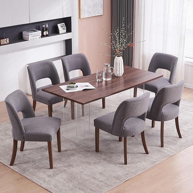VKNOW Wooden Dining Chairs Set of 6, Modern Fabric Upholstered Dining Room Chair Kitchen Chairs, Farmhouse Dinner Chair for Kitchen Dining Room, Fabric Grey