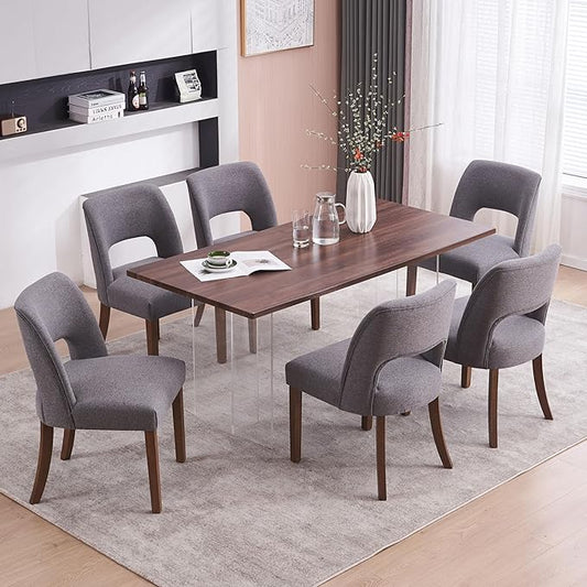 VKNOW Wooden Dining Chairs Set of 6, Modern Fabric Upholstered Dining Room Chair Kitchen Chairs, Farmhouse Dinner Chair for Kitchen Dining Room, Fabric Grey