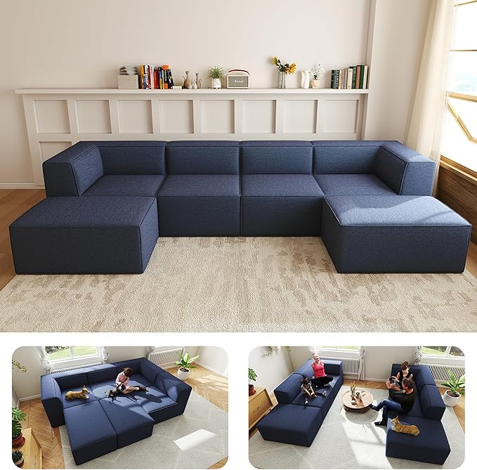 136" 6-Piece Sectional Sofa Modular Couches,L-U-Shaped with Chaise,for Living Room,Compressed Foam No Assembly,for Living Room (2xArmless Corner Ottoman) Fabric Chenille Blue