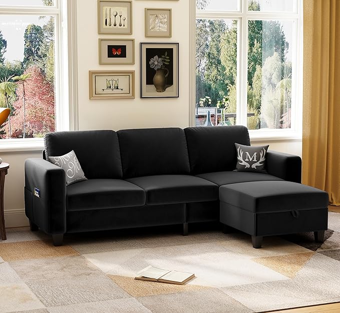 Sectional Sofa Couches for Living Room, 78'' Black 3 Seater L-Shaped Couch with Storage Ottoman, Comfy Velvet Convertible Sectionals Sofas with Chaise for Apartment, Office, Small Space