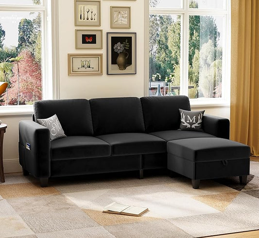 Sectional Sofa Couches for Living Room, 78'' Black 3 Seater L-Shaped Couch with Storage Ottoman, Comfy Velvet Convertible Sectionals Sofas with Chaise for Apartment, Office, Small Space