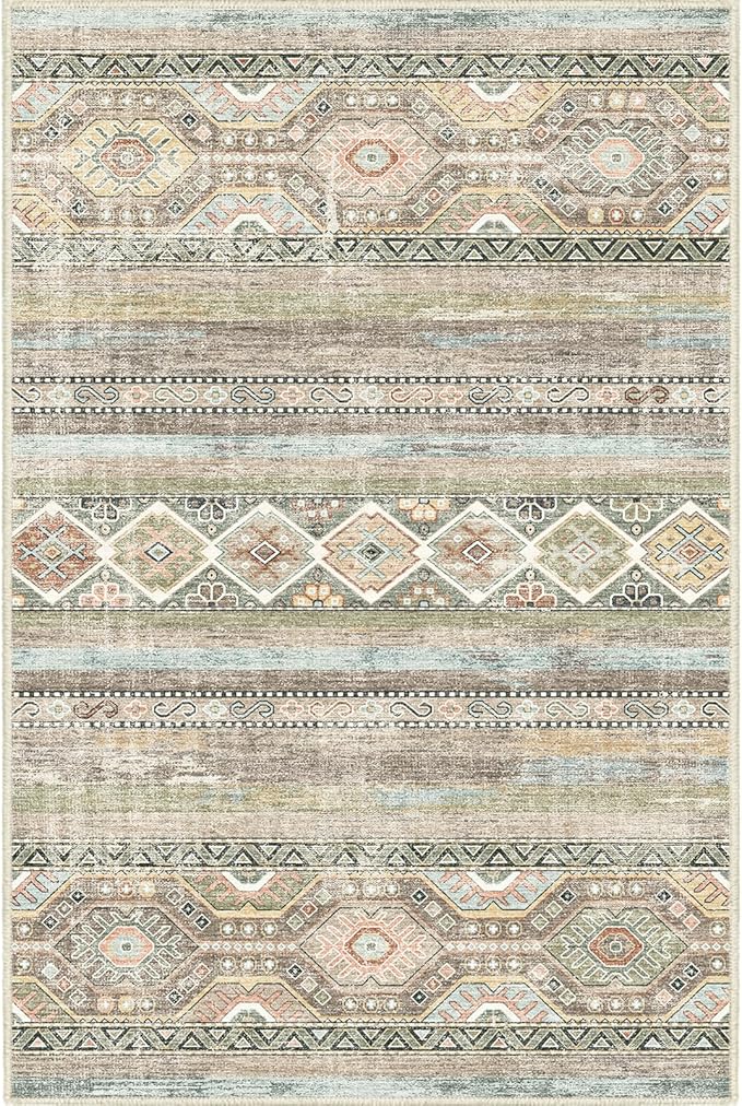 Area Rug 2x3 Distressed Small Entryway Rug Vintage Doormat Faux Wool Non-Slip Washable Low-Pile Floor Carpet for Indoor Front Entrance Kitchen Bathroom (Olive 2x3)