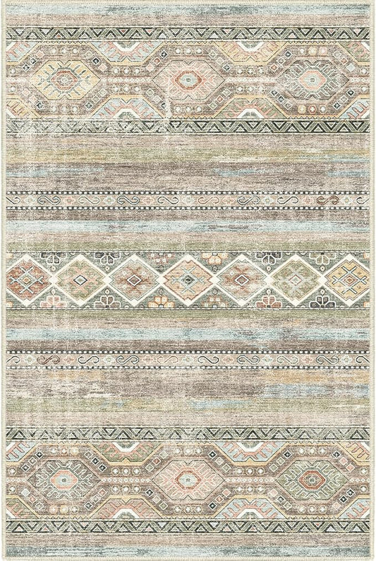 Area Rug 2x3 Distressed Small Entryway Rug Vintage Doormat Faux Wool Non-Slip Washable Low-Pile Floor Carpet for Indoor Front Entrance Kitchen Bathroom (Olive 2x3)
