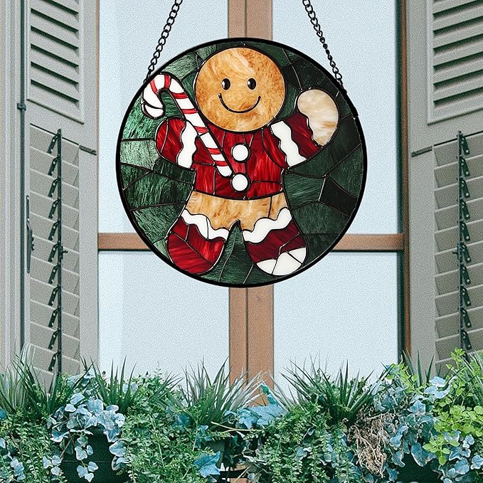 Stained Glass Window Hanging 4 Pcs Set Red Christmas Stockings and Gingerbread Large 15" - Suncatcher Door Garden Sun Catcher Decor Birthday Mother's Day Xmas Gifts for Mom Woman Nana Men