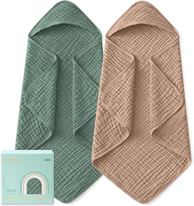 Yoofoss Hooded Baby Towels for Newborn 2 Pack 100% Muslin Organic Cotton Baby Bath Towel with Hood for Babies, Infant, Toddler and Kids, Large 32x32Inch, Soft and Absorbent Newborn Essential