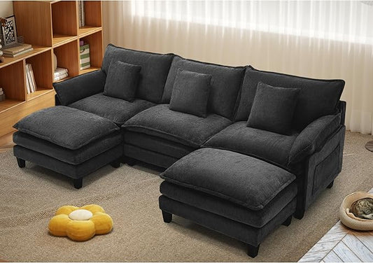 Modular Sectional Sofa, Comfy Cloud Couch with Movable Ottoman, Deep Seat Couches for Living Room, Bedroom and Apartment, 106" U Shaped Modern Sofa with Pillows, Black