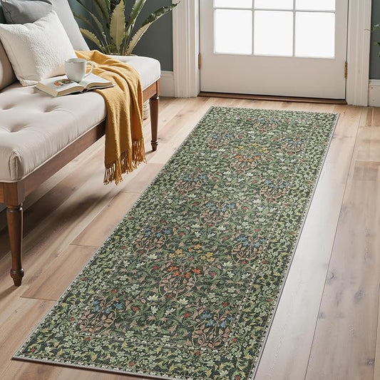 GENIMO Floral Washable Runner Rug 2’6”x6’, Non-Slip Long Hallway Carpet for Entryway, Kitchen, Indoor Floor Use, Vintage Boho Soft Thin Rug Décor, Emerald Green