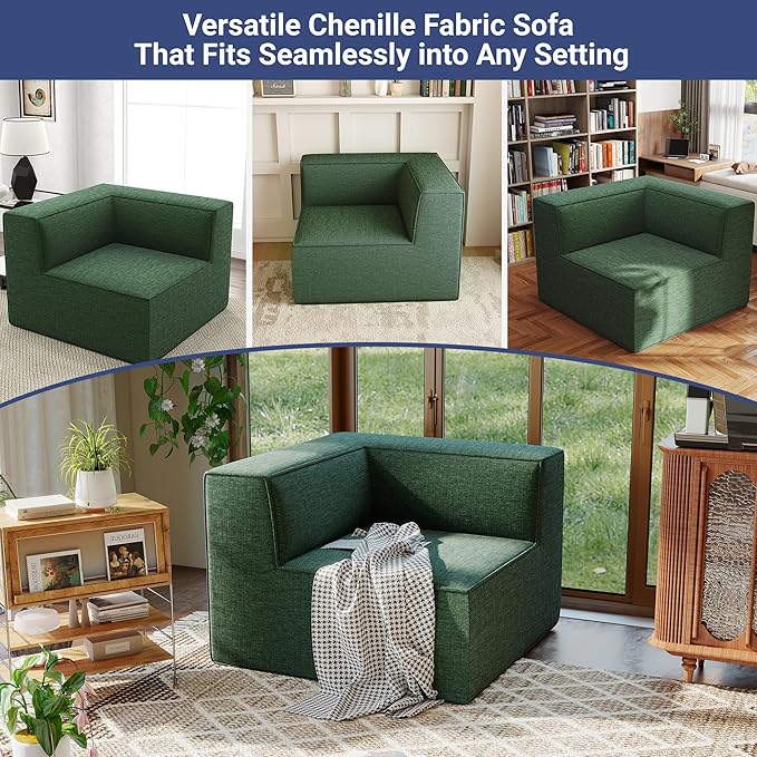 38“ Modular Sectional Sofa Convertible Cube Couch Seat Set, Combine L-Shaped U-Shaped, Free Assembly, Space-Saving for Living Room, Thick Foam Fabric Chenille Green (Only Corner)