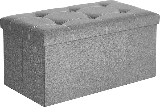 SONGMICS MAZIE Collection - 30 Inches Ottoman Storage Bench, 21 Gal. Folding Chest with Breathable Linen-Look Fabric, Load up to 660 lb, for Entryway, Living Room, Bedroom, Light Gray ULSF001G02