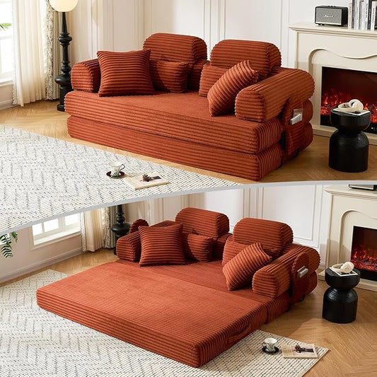 Convertible Sofa Bed,79'' Foldable Sleeper Lounge Modular Couch Comfort Compression Sofa Loveseat for Small Spaces Comfort for Apartment Bedroom (Corduroy Fabric, Orange1)
