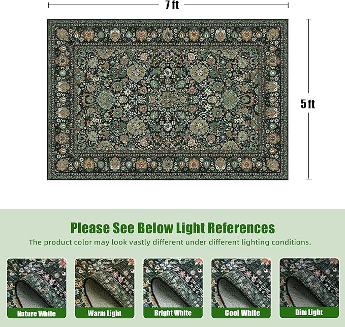 Dark Green Floral Living Room Rug 5x7 Washable Rugs Boho Vintage Oriental Large Foldable Faux Wool Carpet for Bedroom Nursery Room Dorm Kids Playroom Home Office