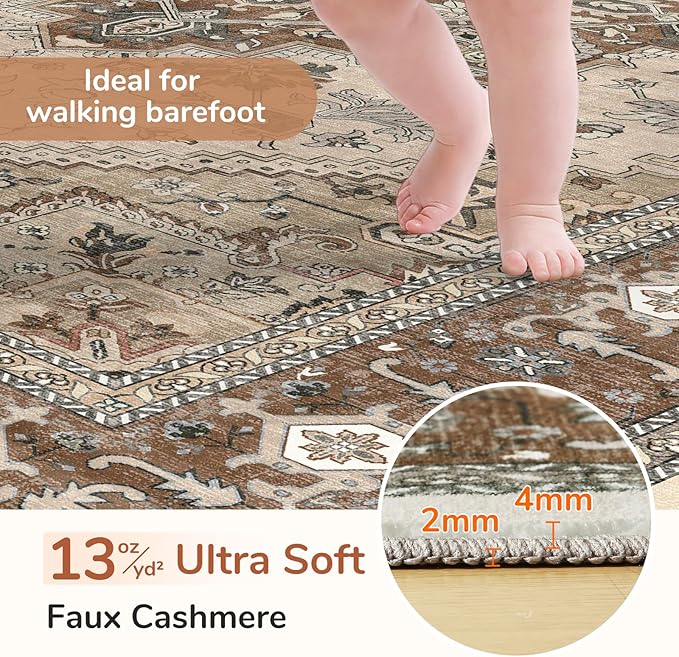 OPPODREAM Thin 10x14 Area Rugs, Washable Rugs 10x14 with Non Slip Backing, Low-Pile Faux Cashmere 10 x 14 Carpet, Brown