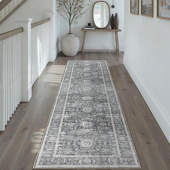 Blue 2x8 Runner Rug Hallway Non Slip Kitchen Vintage Distressed Long Carpet Indoor Machine Washable Traditional Floral Bedroom Accent Throw Rug for Office Laundry Bathroom Dining Living Room