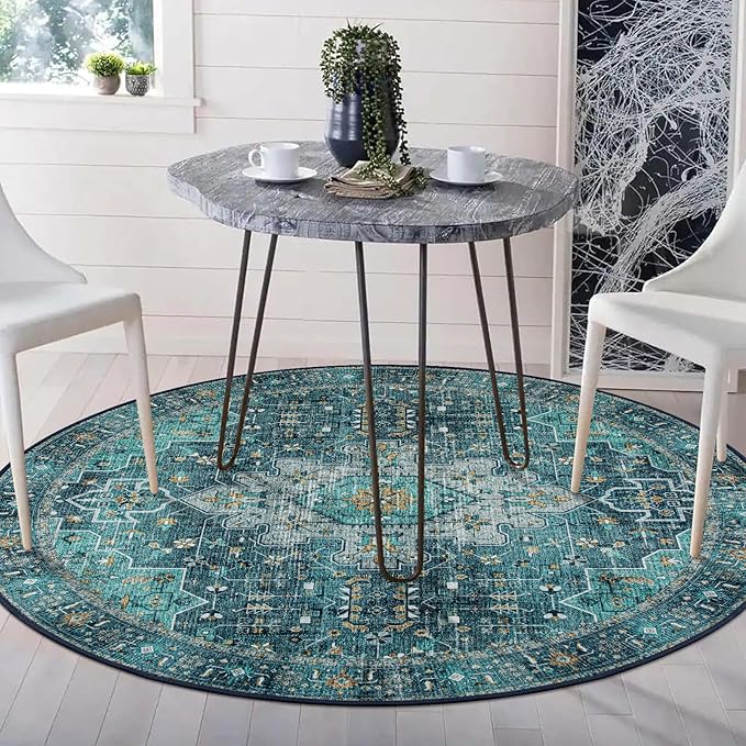 Moynesa Ultra-Thin Washable Round Rug - 4ft Oriental Circle Area Rugs for Bedroom Entryway, Teal Vintage Non Slip Non Shedding Low Pile Carpet for Living Room Coffee Table Kitchen