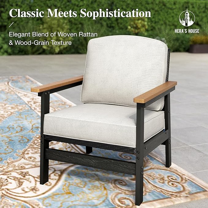 HERA'S HOUSE HDPE Patio Furniture Set, 4-Piece Outdoor Wicker Conversation Couch Set with Thick Cushion, All-Weather Patio Sofa Set for Backyard Garden Deck, Wood Grain Coffee Table