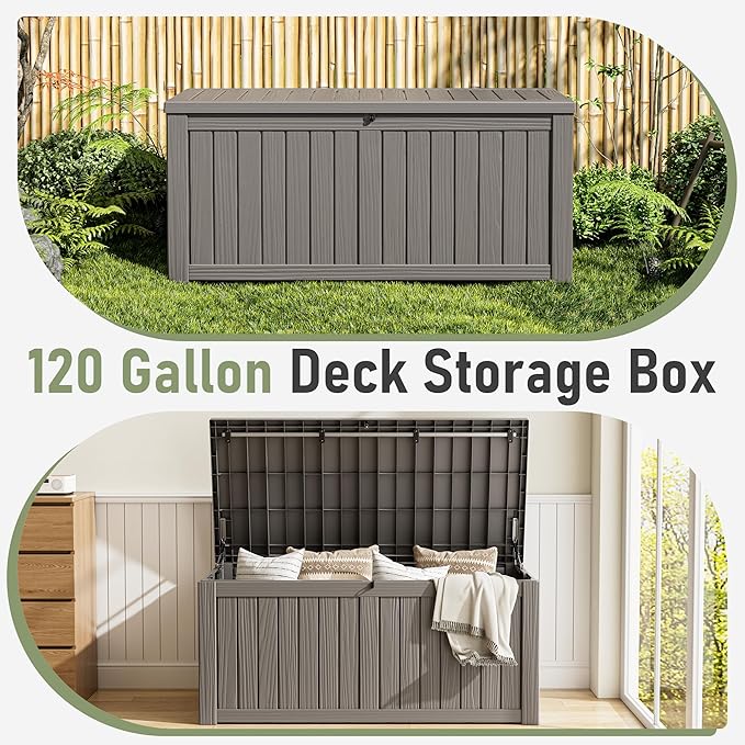 Deck Box, 120 Gallon Outdoor Storage Box Lockable Patio Waterproof for Furniture, Garden Tools, Sports Equipment and Pool Supplies, Waterproof, Resin, Lockable
