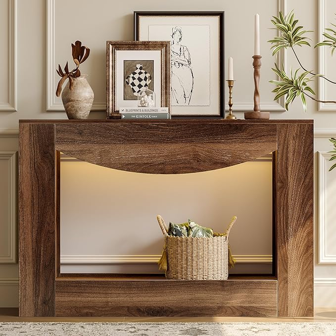 Farmhouse Console Table, 47 Inches Entryway Console Table with LED Light, Sofa Table Behind Couch, Wooden Accent Entryway Table for Living Room, Hallway