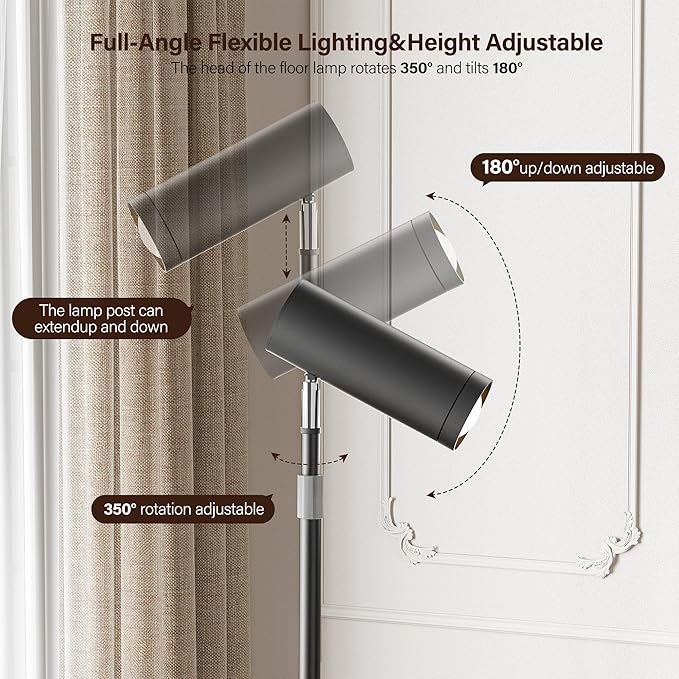 Adjustable Floor Lamp, SIBRILLE Modern Stepless Dimmable Torchiere Tall Lamp with Remote Control, 350°Rotating Head Standing Lamp, Reading Floor Lamp for Living Room, Bedroom, Office & Wall Art, Black