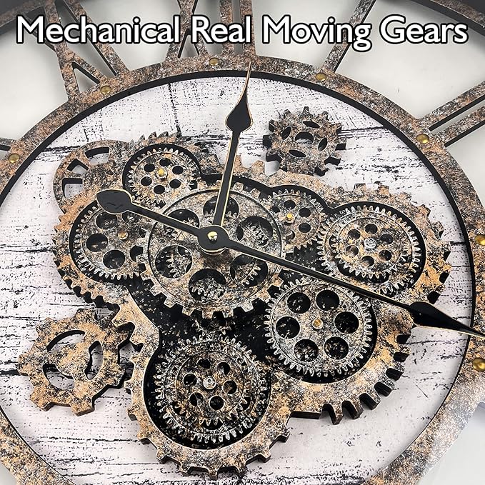 DORBOKER 30" Large Wall Clock Moving Gears,Oversized Industrial Rustic Farmhouse Clocks for Living Room Decor Office Home, Solid Wood Retro Metal HD Tempered Glass Cover, White Grey