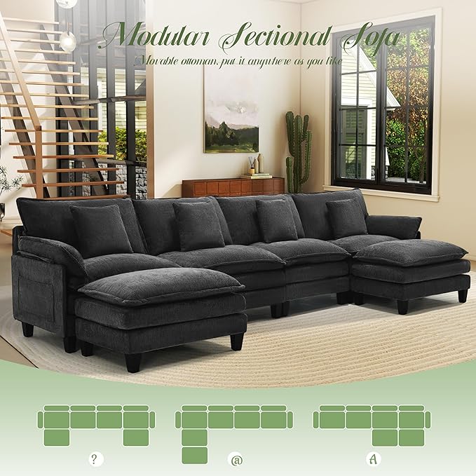 Modular Sectional Sofa, Comfy Cloud Couch with Movable Ottoman, Deep Seat Couches for Living Room, Bedroom and Apartment, 140" U Shaped Modern Sofa with Pillows, Black