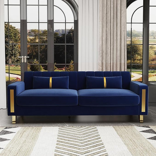 Couch 85.62" 3 Seats Sectional Velvet Fabric Sofa Easy Assemble Sofa Bed with 2 Couch Pillows,Gold Metal Legs for Living Room (P17, Blue)