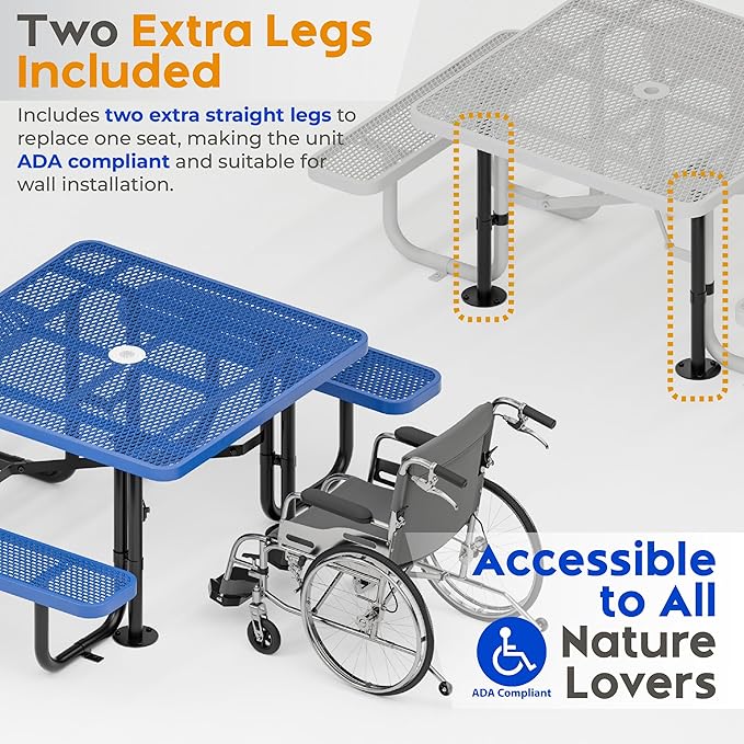 Metal Picnic Tables for Outdoors with Umbrella Hole - Coated Steel Heavy Duty Commercial Grade Furniture with Adjustable Seats (Blue, 46 in, Square, Expanded Steel)