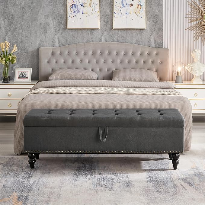 mikibama Linen Storage Bench for Bedroom End of Bed,59" Long Tufted Bed Bench with Storage,Modern Mid Century Storage Ottoman Bench for Window,Entryway,Living Room Solid Wood Legs (Grey)