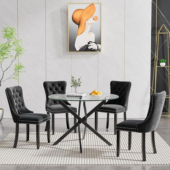 36" Round Glass Dining Room Table for 4 with Tempered Glass Top and Black Metal Legs, Modern Clear Kitchen and Dinner Table for Home Office Dining Room